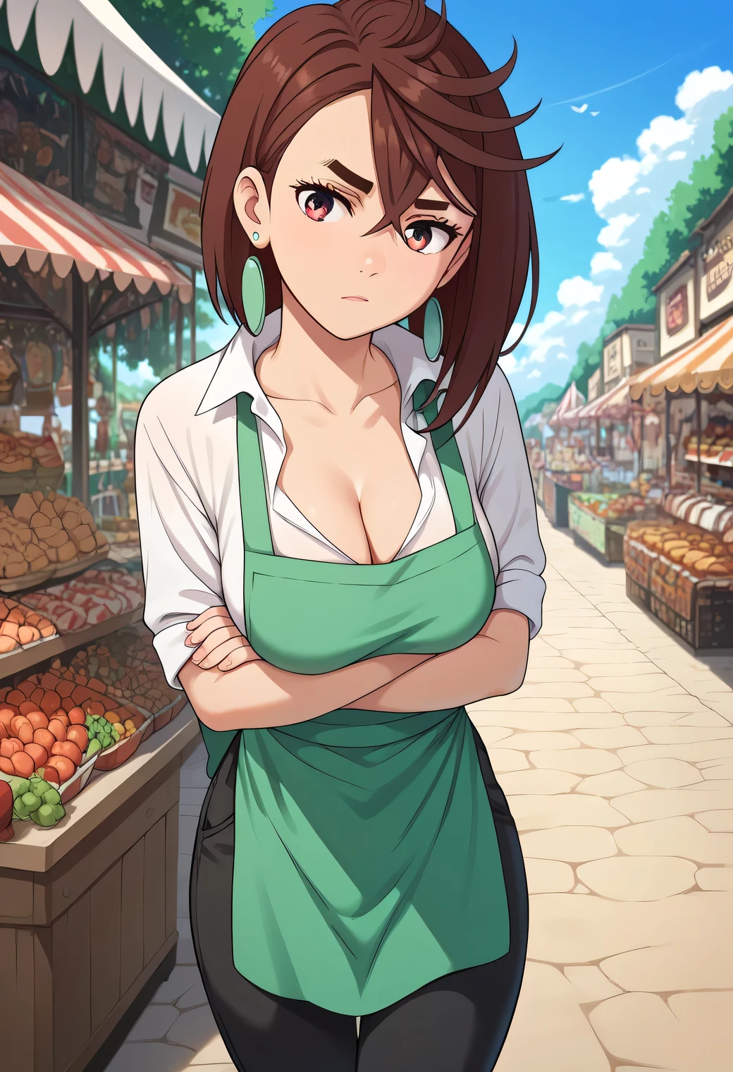 momo ayase, short hair, brown hair, brown eyes, bangs, thick eyebrows, medium breasts, earrings, (white shirt:1.2), (green apron:1.2), (black pants:1.2), market scenery, CLEAVAGE,