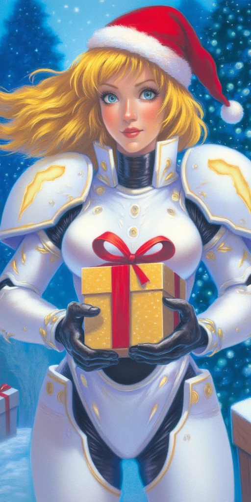 beautiful blonde woman with blue eyes, standing confidently and holding a neatly wrapped gift box in her hands. She is wearing sleek, futuristic white armor adorned with subtle glowing accents, and a Santa hat perched on her head, blending festive charm with sci-fi aesthetics.