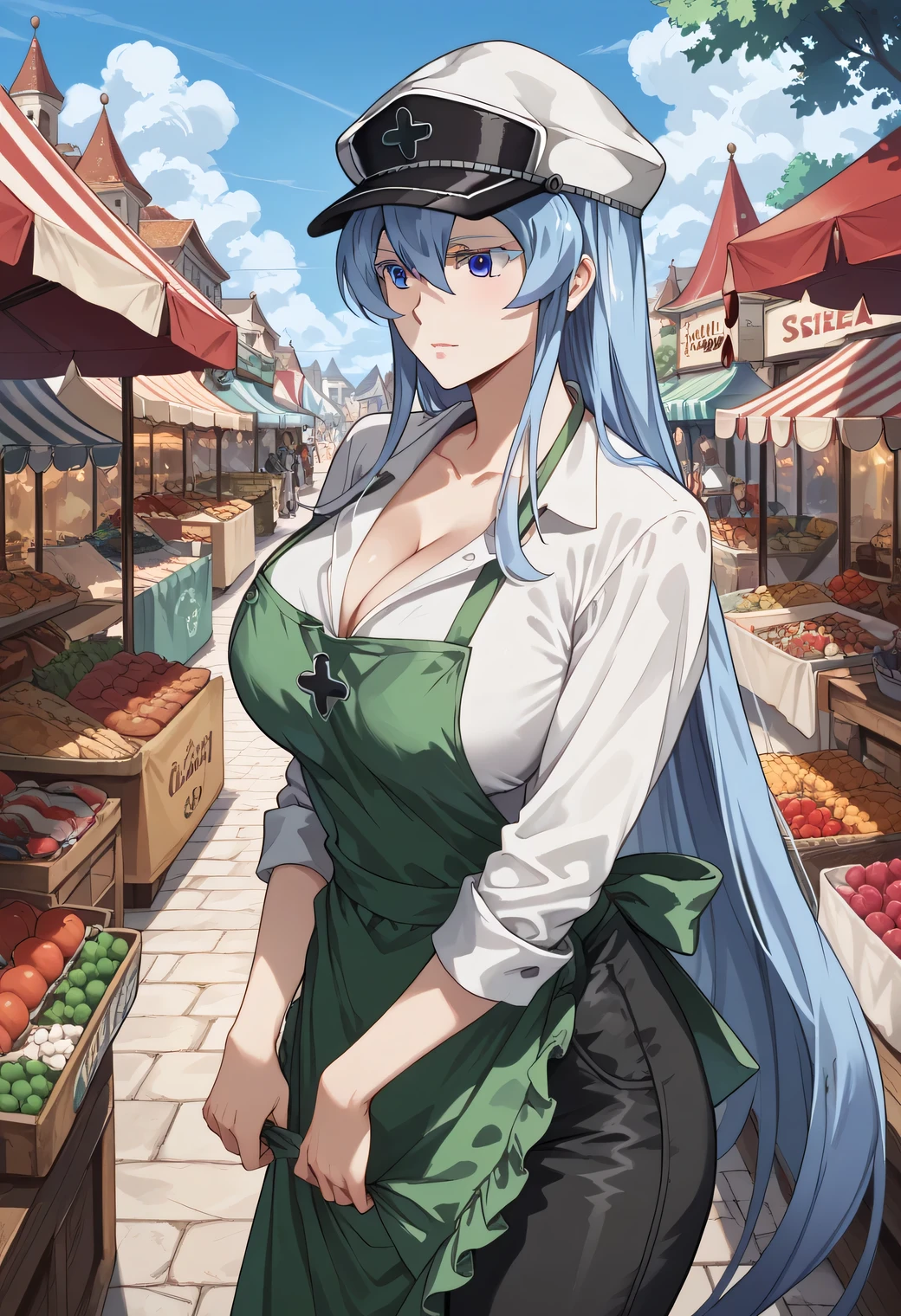 esdeath, blue eyes, blue hair, long hair, BIG BREASTS, eyelashes, red face, hat, (white shirt:1.2), (green apron:1.2), (black pants:1.2), market scenery, CLEAVAGE,