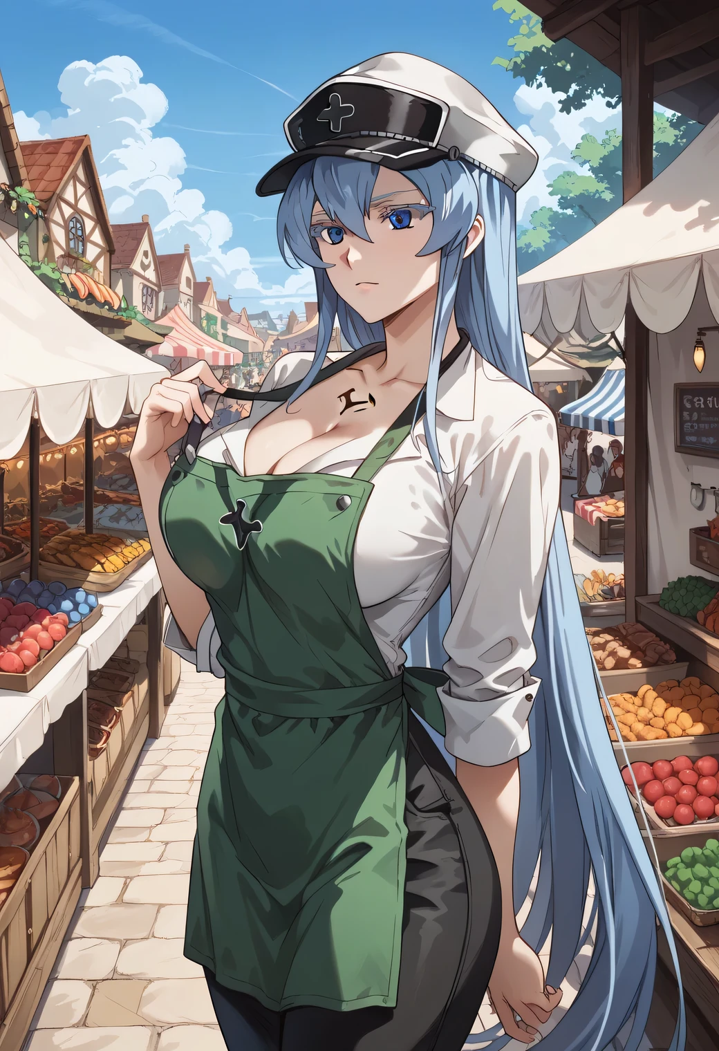 esdeath, blue eyes, blue hair, long hair, BIG BREASTS, eyelashes, red face, hat, (white shirt:1.2), (green apron:1.2), (black pants:1.2), market scenery, CLEAVAGE,