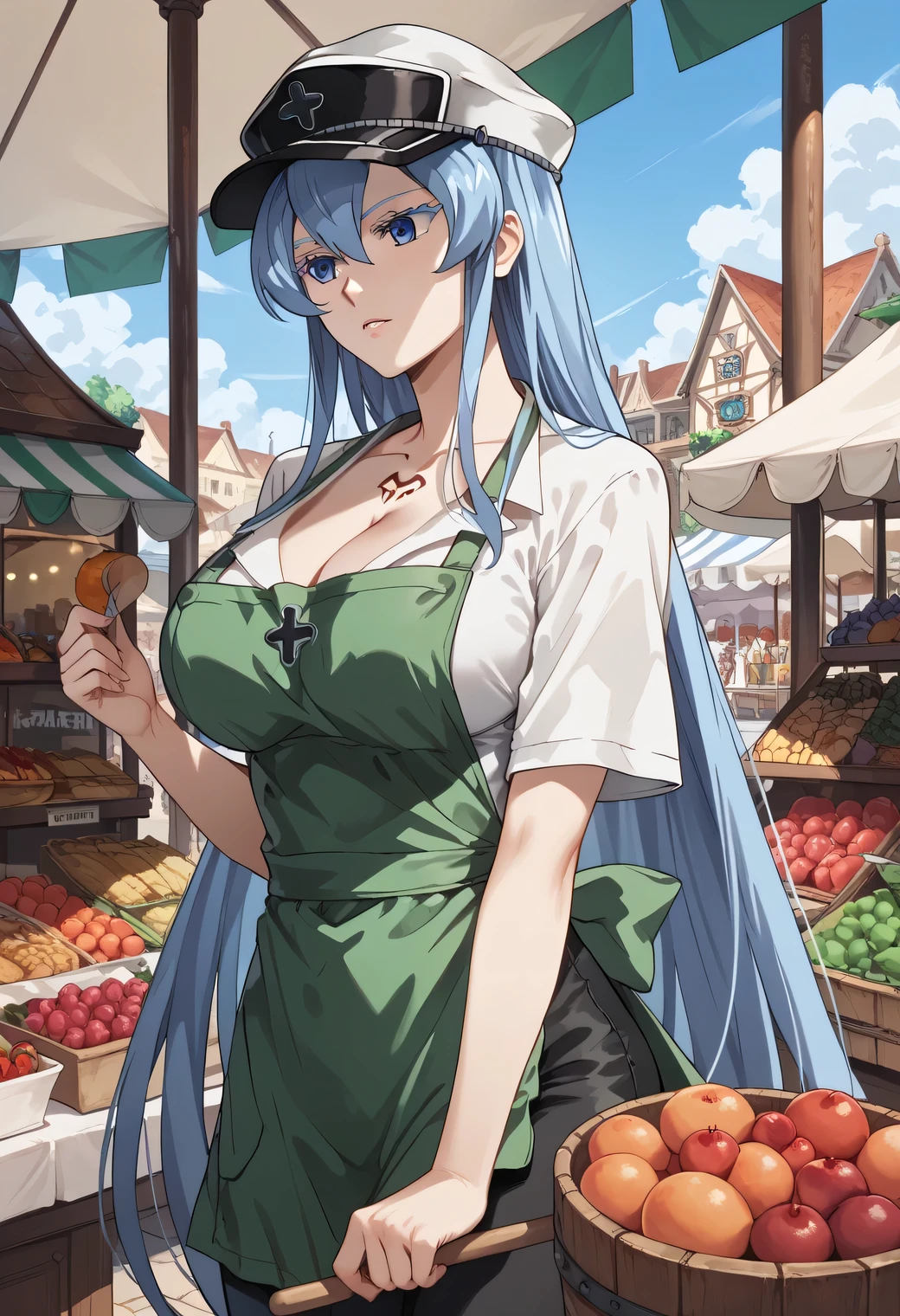 esdeath, blue eyes, blue hair, long hair, BIG BREASTS, eyelashes, red face, hat, (white shirt:1.2), (green apron:1.2), (black pants:1.2), market scenery, CLEAVAGE,