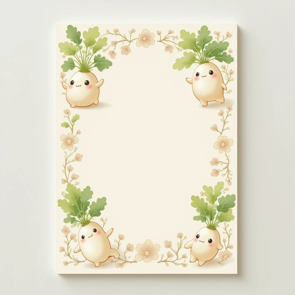 A beautiful ornamental stationery design featuring a cute daikon character with leafy greens, arranged as a decorative border. The design includes multiple daikons in different playful poses, integrated with delicate floral patterns and light pastel colors, giving a soft and whimsical feel. The background is a textured off-white paper, perfect for writing letters or notes.