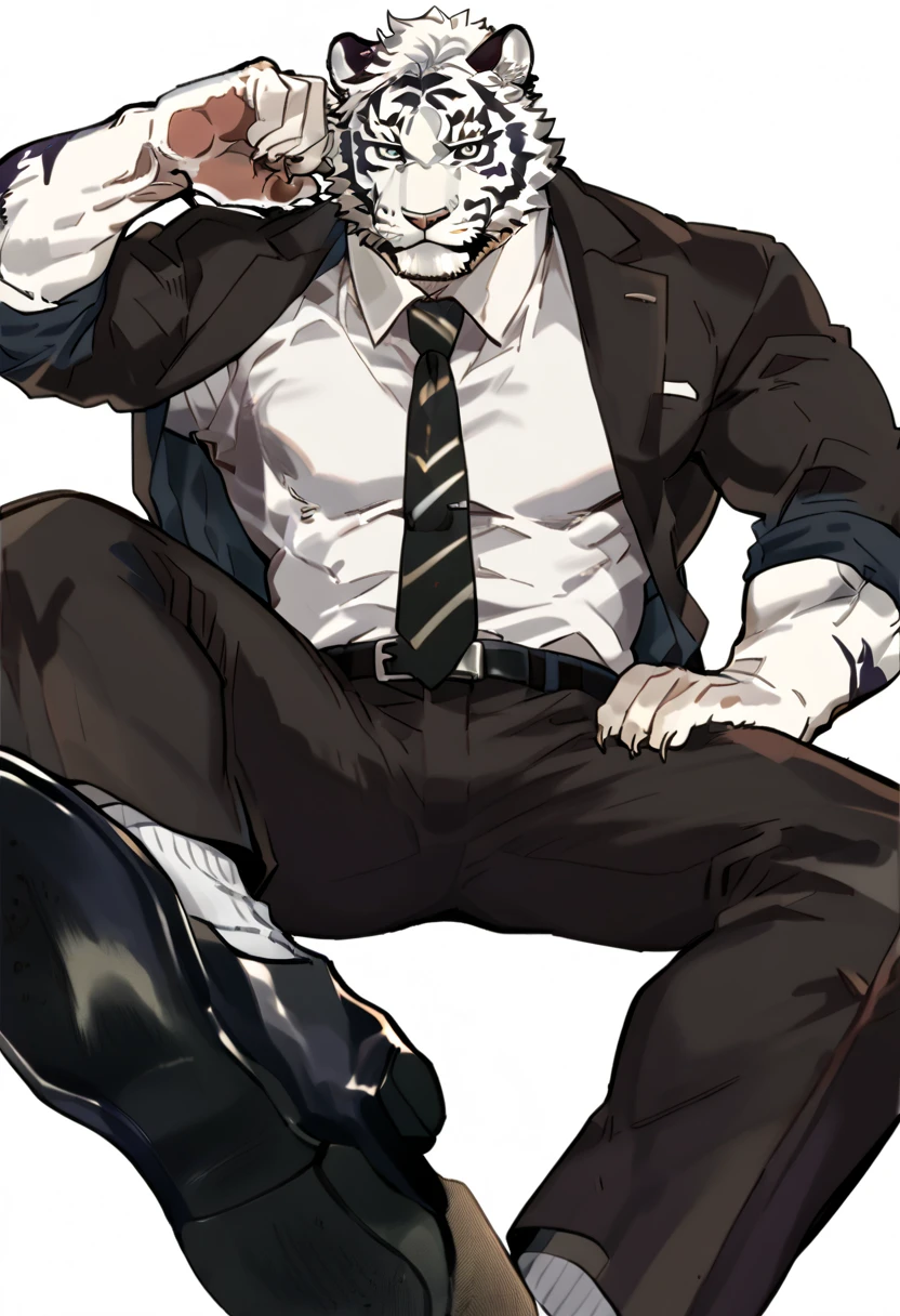 male focus, muscled furry tiger, solo, ikemen, mature, male only, anthro tiger, tough man, bold, eyes fix, flat chest, sturdy waist, 50 years old, office worker, collared shirt, tie, three piece suit, belt, slacks, tight clothes, whole body, sitting, invisible chair,  looking at viewer, (white background, simple background:1.5), masterpiece, best quality, mta, foor worship, showing his socked foot:2, long tube calf black fancy socks, dominating male pose:2, muscle, lick his shoe sole, long shot, showing stretching his legs to your face 