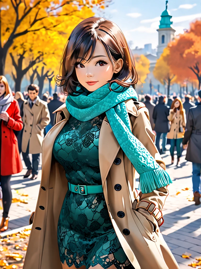 woman wearing Trench Coat and Scarf and sexy dress