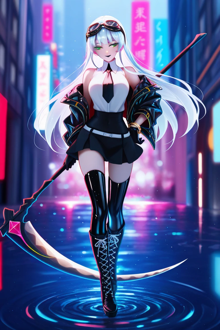 1 woman
Gender: female
Ethnicity: White/fair skin
Appearance:
fair skin
heart shaped face
brown eyes
wearing a black crop top
Wearing black shorts
hip length hair
white hair
Holding pink scythe
standing on top of a building
standing over the city
sun setting in the background
full body shot
My hero academia art style