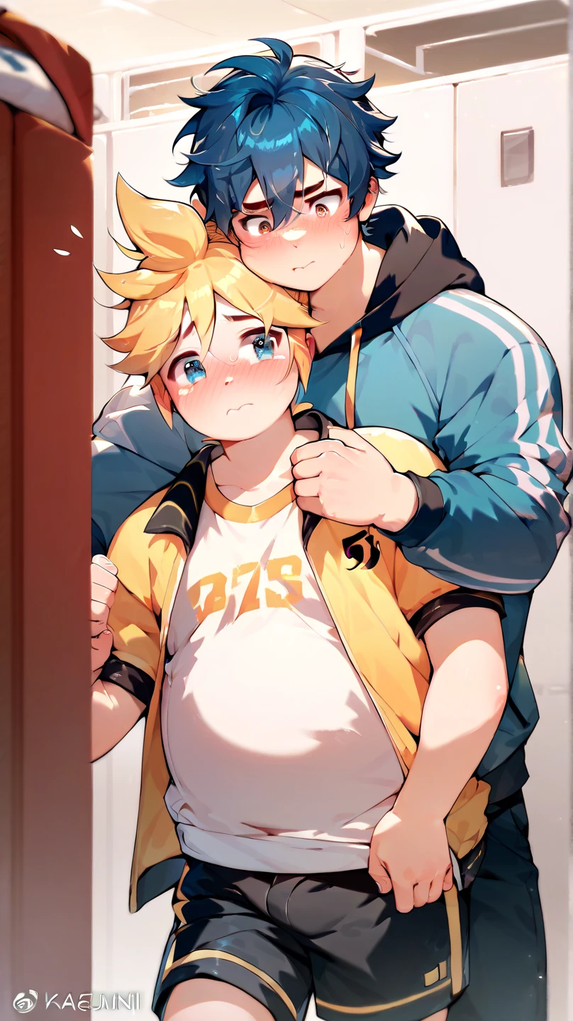  2boys, (yaoi couple), (male ren), (duo focus), standing in the changing room, Break, Kagamine Len, cute, hoodie, chubby body, face blushed, embarrassed, Break, blue hair color, baseball jacket, round cheek