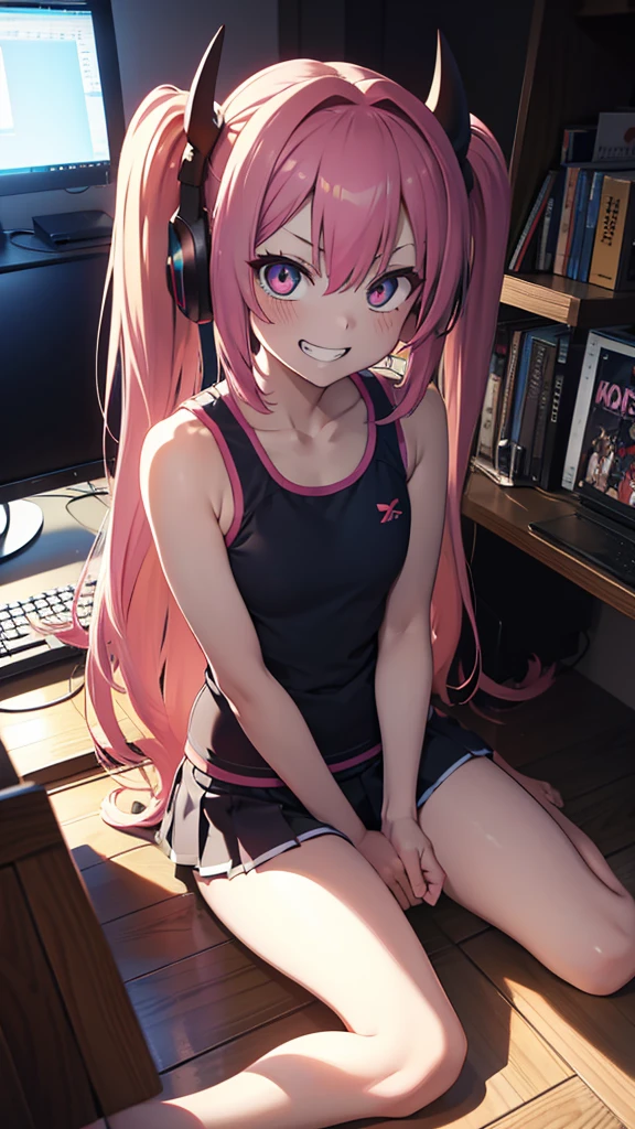 8k, masterpiece, ultra-detailed, photorealistic, 256k, 64k, (anime:1.4), pixivfanbox, vivid outline, outline, break, shade, dark light, bedroom, game monitor, playstation, game controller, gaming pc, manga books, doujin books, goods, 1girl, devil, angly, gaming headphone, pink hair, twintail, (horror eyes:1.4), beautiful detailed eyes, wide eyes, (grin:1.4), laugh, fung, school swimwear, fullbody shot