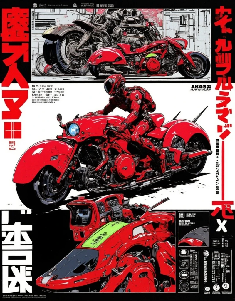 Set in Japan after World War III, Kaneda's red bike in "AKIRA", extremely long wheelbase and low body height, Quasar-like feet-forward design where you put your feet forward to ride like a four-wheeled formula car instead of straddling it, front hub-center steering structure, digital meter with on-board computer, stylish and futuristic design, Futuristic and avant-garde style, made by Katsuhiro Otomo. SF anime depicting a collapsed world, anime