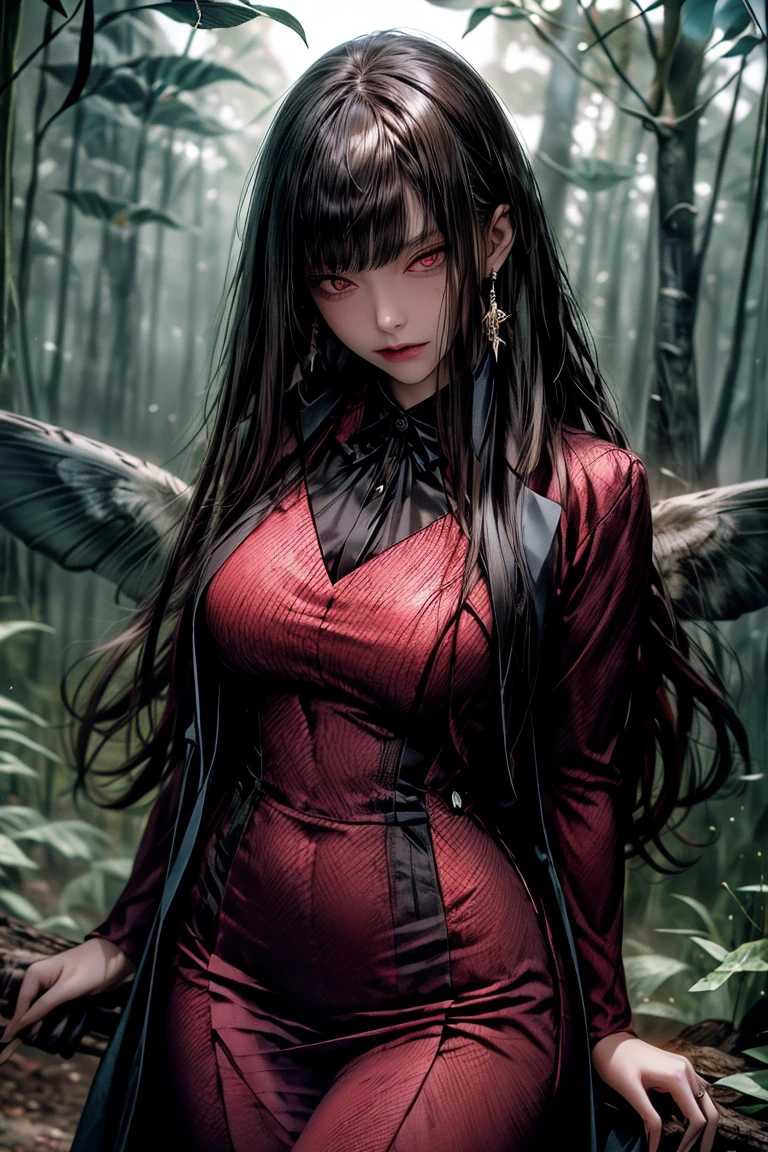 最high quality, masterpiece, Ultra-high resolution, (Realistic: 1.4), ((masterpiece: 1.4, 最high quality))+,(Super detailed)+, Official Art, unity 8k wallpaper, Super detaileded, beautiful, high quality, beautiful, masterpiece, 最high quality, whole body, Character portrait, White Background, Red Straight Hair, Dark Eyes, Black Little Snake, White Theme, Red Jewelry, stud, Black lace flats, Asymmetrical Skirt, Bloodstains on skirt, devil, skeleton, Lots of lace, Glowing Skin, , rtrophto1,