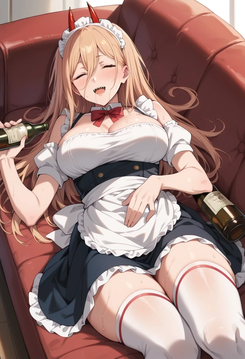 score_9, score_8_up, score_7_up, score_6_up, score_5_up, score_4_up,source_anime,1girl, p0w3r0x1, long hair, blonde hair, red horns,demon pupils, 1girl, breasts, couch, solo, thighhighs, large_breasts, sleeping, closed_eyes, bottle, navel, on_couch, maid_costume, open_mouth, holding, white_thighhighs, lying, skirt, blush, holding_bottle, drooling, sweat, smile, breasts_out, black_skirt, maid_headdress, on_side, hair_ornament, waist_apron, drunk, bare_shoulders, apron, stomach, skirt, bare_arms, mouth_drool, hair_between_eyes, saliva, maid, upper_teeth_only, alcohol,In maid clothes, CLEAVAGE, large breasts