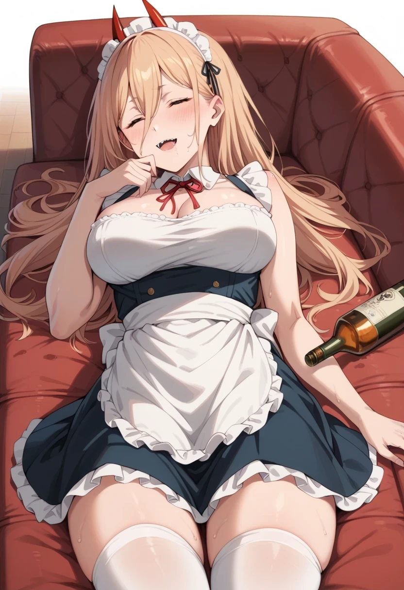 score_9, score_8_up, score_7_up, score_6_up, score_5_up, score_4_up,source_anime,1girl, p0w3r0x1, long hair, blonde hair, red horns,demon pupils, 1girl, breasts, couch, solo, thighhighs, large_breasts, sleeping, closed_eyes, bottle, navel, on_couch, maid_costume, open_mouth, holding, white_thighhighs, lying, skirt, blush, holding_bottle, drooling, sweat, smile, breasts_out, black_skirt, maid_headdress, on_side, hair_ornament, waist_apron, drunk, bare_shoulders, apron, stomach, skirt, bare_arms, mouth_drool, hair_between_eyes, saliva, maid, upper_teeth_only, alcohol,In maid clothes, CLEAVAGE, large breasts