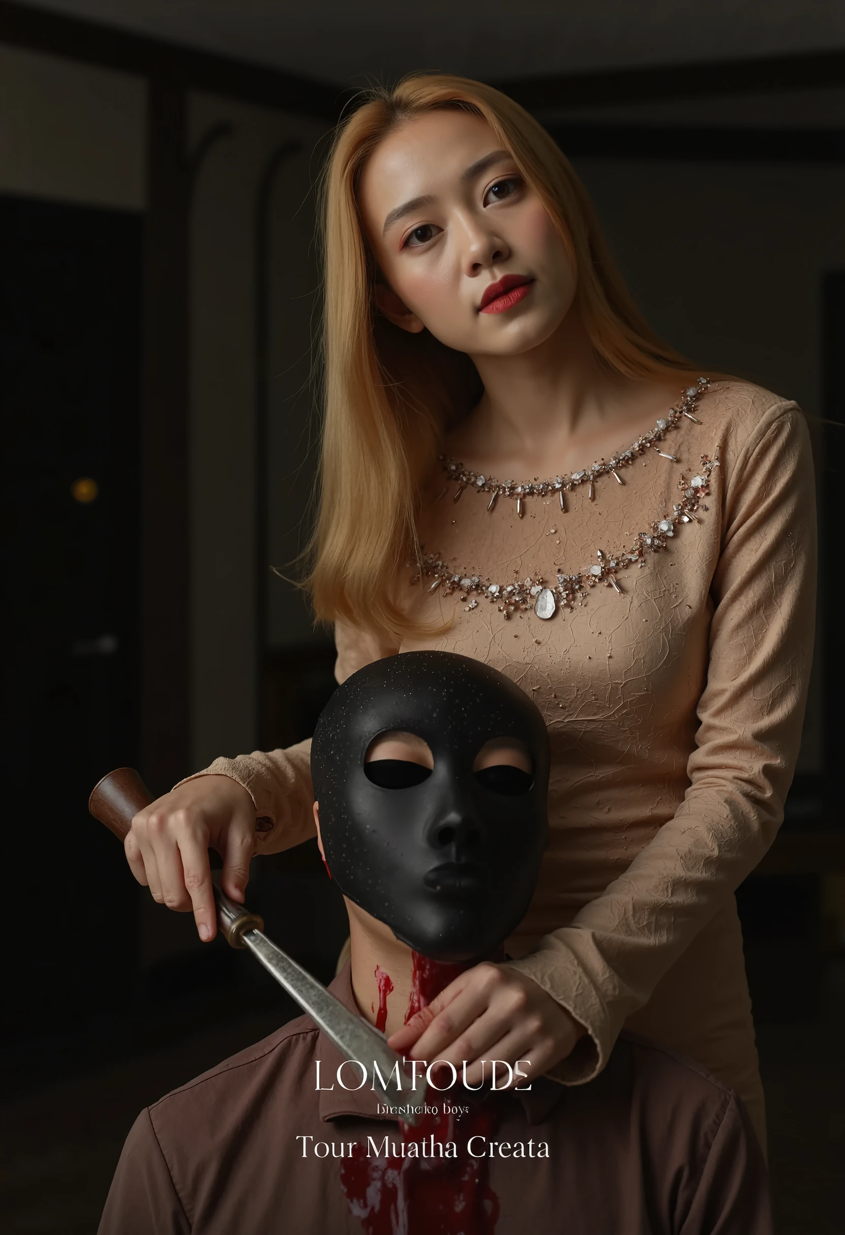 milf 30 yo blonde woman, Indonesia woman, woman kill male, woman cut throat male, woman knife, woman kebaya Indonesia, male full face mask, blood flowed freely down Male neck