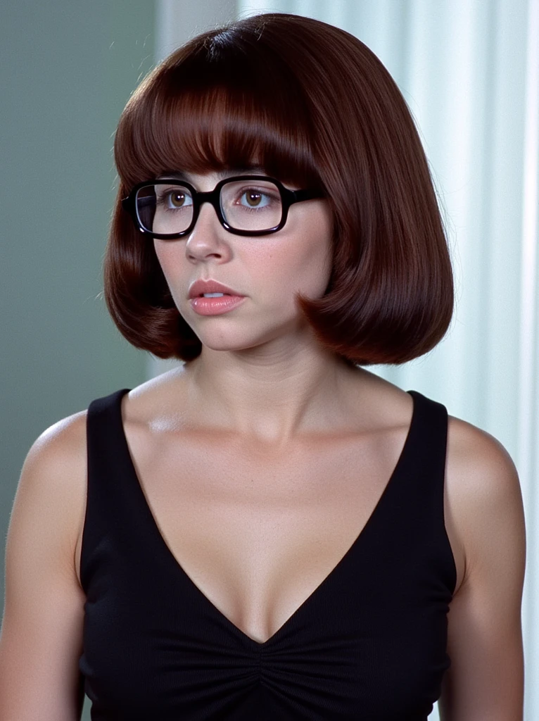 This is a high-resolution photograph of a young woman with a distinctively vintage, 1960s aesthetic. She has a fair complexion and a short, voluminous bob haircut with straight, chestnut brown hair. Her bangs are blunt-cut and frame her forehead. She wears large, black, rectangular glasses that sit slightly askew on her face, giving her a slightly disheveled appearance. Her expression is neutral, with slightly pursed lips and a slightly downward gaze, suggesting a contemplative or thoughtful mood.
The woman is dressed in a black late dress with black high heels. The background is blurred but suggests an indoor setting with soft, diffused light, possibly indicating a studio environment. The lighting is even and natural, highlighting the details of her skin and hair. The overall style of the photograph is reminiscent of classic black-and-white film photography. Velma,