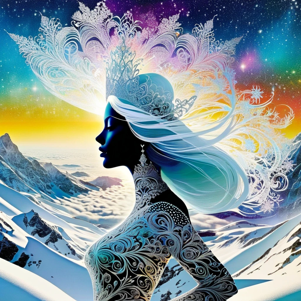 silhouettes of a  a woman  snow Queen , covered with filigree patterns and the cosmic futuristic !!!!double exposure effect, Inspired by Hedi Xandt, , James Christensen , , surreal art , bright colors , high detail ,filigree style, modern European ink painting, high quality, high detail, masterpiece ,
