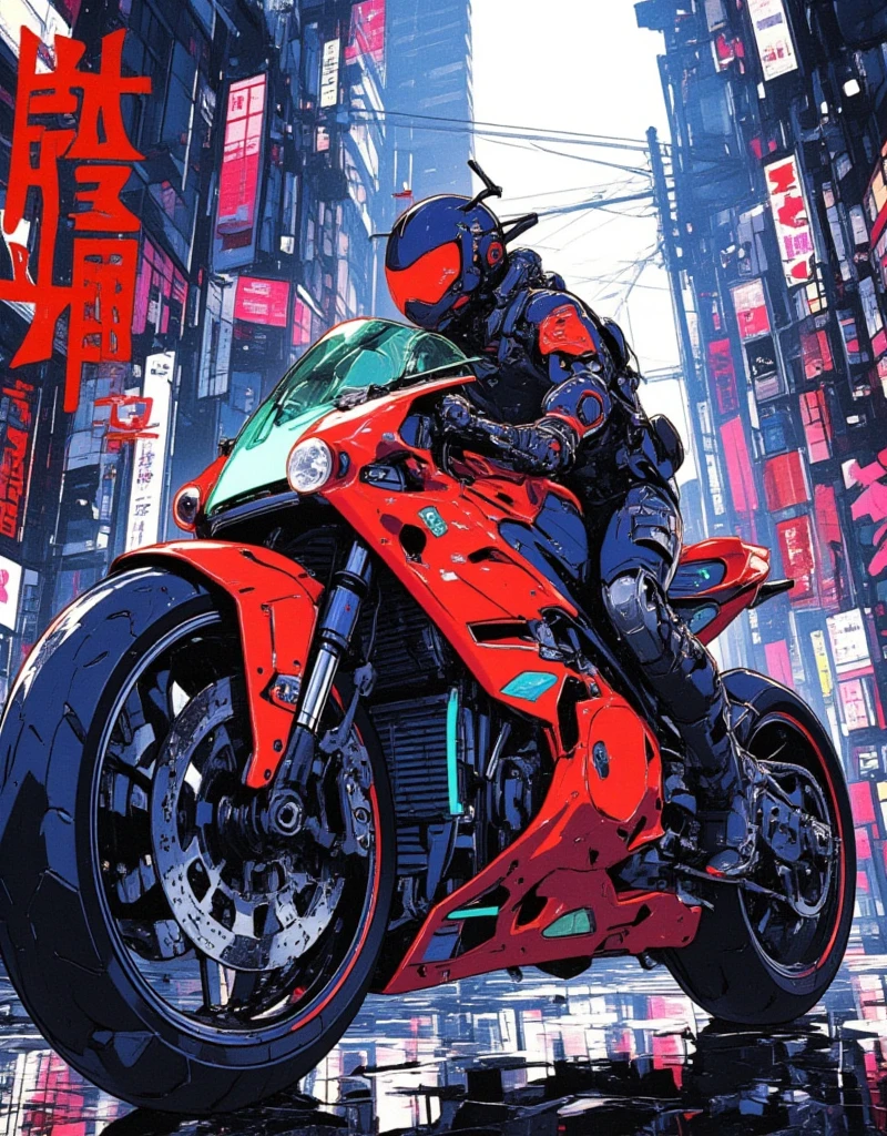 Set in Japan after World War III, SF anime depicting a collapsed world, Kaneda's red bike in "AKIRA", extremely long wheelbase and low body height, Quasar-like feet-forward design where you put your feet forward to ride like a four-wheeled formula car instead of straddling it, stylish and futuristic design, made by Katsuhiro Otomo. anime