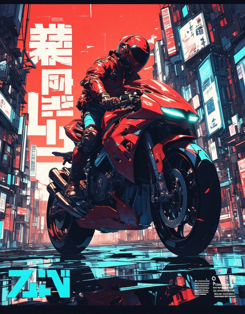 Set in Japan after World War III, SF anime depicting a collapsed world, Kaneda's red bike in "AKIRA", extremely long wheelbase and low body height, Quasar-like feet-forward design where you put your feet forward to ride like a four-wheeled formula car instead of straddling it, stylish and futuristic design, made by Katsuhiro Otomo. anime