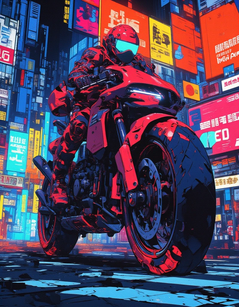 Set in Japan after World War III, SF anime depicting a collapsed world, Kaneda's red bike in "AKIRA", extremely long wheelbase and low body height, Quasar-like feet-forward design where you put your feet forward to ride like a four-wheeled formula car instead of straddling it, stylish and futuristic design, made by Katsuhiro Otomo. anime