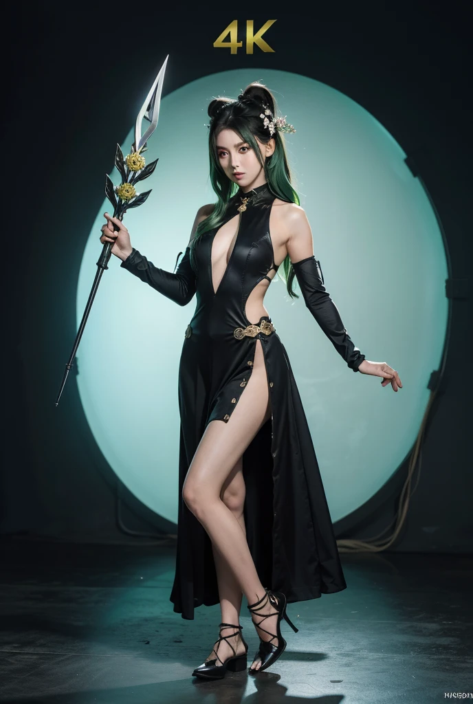 ((best qualityer)), ((work of art)), (detailded), 1womanl, silver hair, hypdertailed, Broad Hips, breasts small, eyes glowing green, wolf's ears, elegant outfit with iron shoulder pad, Qipao verde, holding big sword 