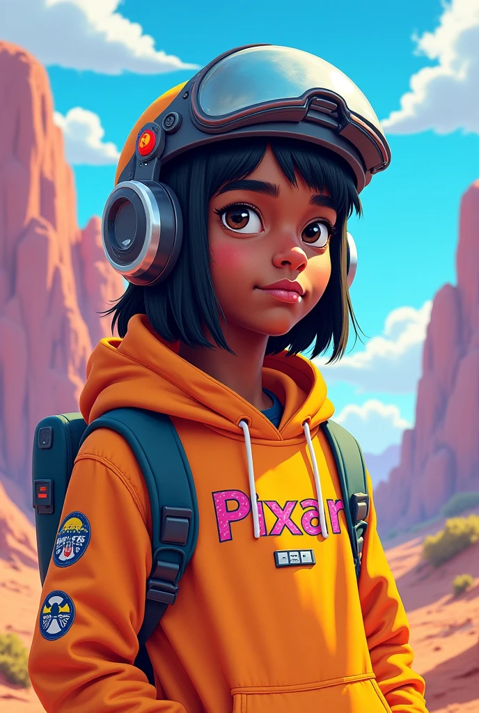 um menino jovem, Seu cabelo, pele marrom escuro, bonnet, kalap, tom preto com mechas, pele escura, Neon azul escuro do Dread, roupas leves, mochila, livros, corpo inteiro, The background is filled with a school theme, Urbano.
