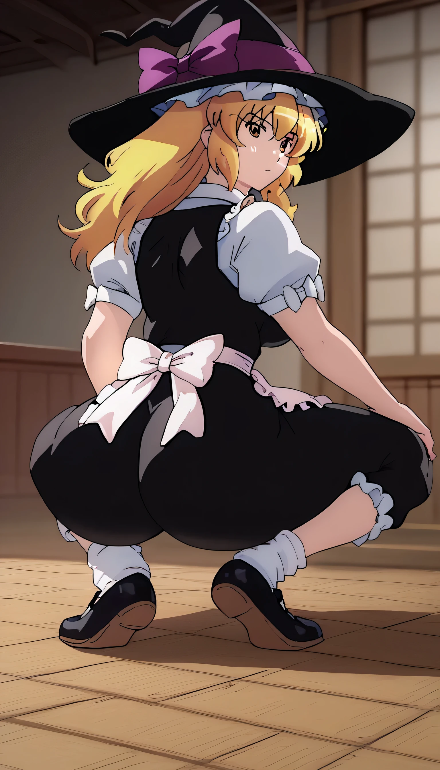 score_9,
broly culo, squatting, looking back, 
,Marisa apron, bloomers, underwear,bow, hat, hat bow, waist apron, witch hat,large breast, , expressionless, large ass,
high resolution, Masterpiece, RTX_soft, RTX_pt, RTX_on, RTX_hairsim