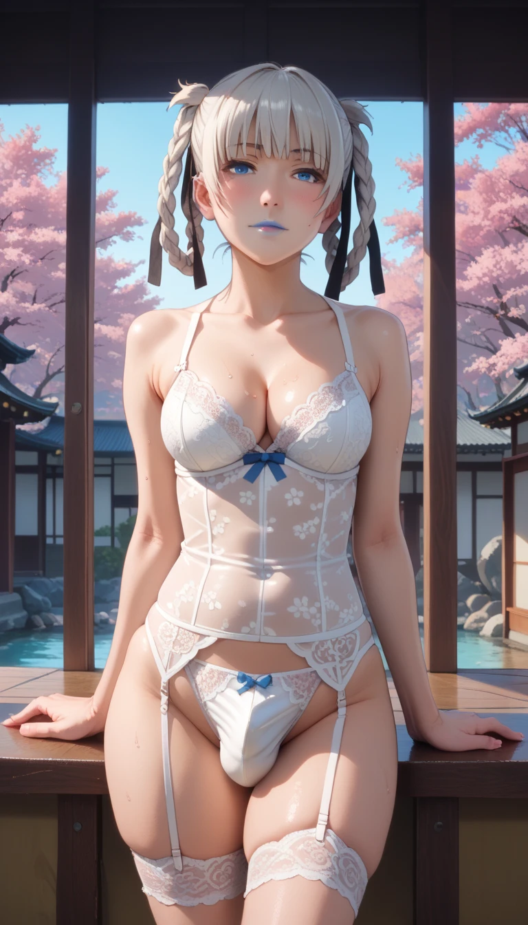 Score_9, score_8_up, score_7_up, score_6_up, source_anime, rating:general, 1girl, kirari momobami, white hair, braided hair, sultry look, head tilt, blush, pale white skin, lingerie bodysuit, floral lace, garter straps, lace panty, blue eyes, blue lipstick, colored contacts, perfect face, medium sized breasts, thick thighs, sweaty thighs, cleavage, exposed shoulders, traditional Japanese garden, cherry blossoms, cherry blossom petals, solo, 8k quality, vivid colors, perfect lighting, perfect shadowing, god rays, perfect positioning, futanari,
otoko no ko 