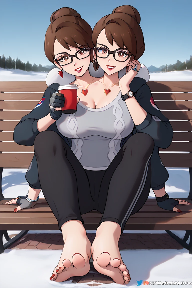 high resolution, highly detailed, perfect lighting, beautiful detailed eyes, ((masterpiece,best quality)), absurdres,      smile,  solo,  gloria (pokemon),  two heads, long hair, brown eyes, glasses, milf, black winter jacket, black puffy jacket,snow on ground, hoodie, jewelry, heart shaped necklace, black track pants, big breasts, earrings, wedding ring, noon, sitting on park bench, cheek rub, fancy wristwatch, silver eyeliner, red lips, red fingernails, 4 arms, winter gloves playing with hair, three breasted,, feet, red toenails, red winter boots, sexy walk, talking with herself, holding coffee, kiss on cheek