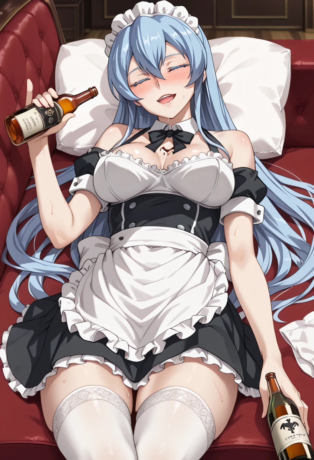 esdeath, 1girl, blue eyes, light blue hair, long hair, eyelashes, solo, 1girl, breasts, couch, solo, thighhighs, large_breasts, sleeping, closed_eyes, bottle, navel, on_couch, maid_costume, open_mouth, holding, white_thighhighs, lying, skirt, blush, holding_bottle, drooling, sweat, smile, breasts_out, black_skirt, maid_headdress, on_side, hair_ornament, waist_apron, drunk, bare_shoulders, apron, stomach, skirt, bare_arms, mouth_drool, hair_between_eyes, saliva, maid, upper_teeth_only, alcohol,In maid clothes, HAT, blush
