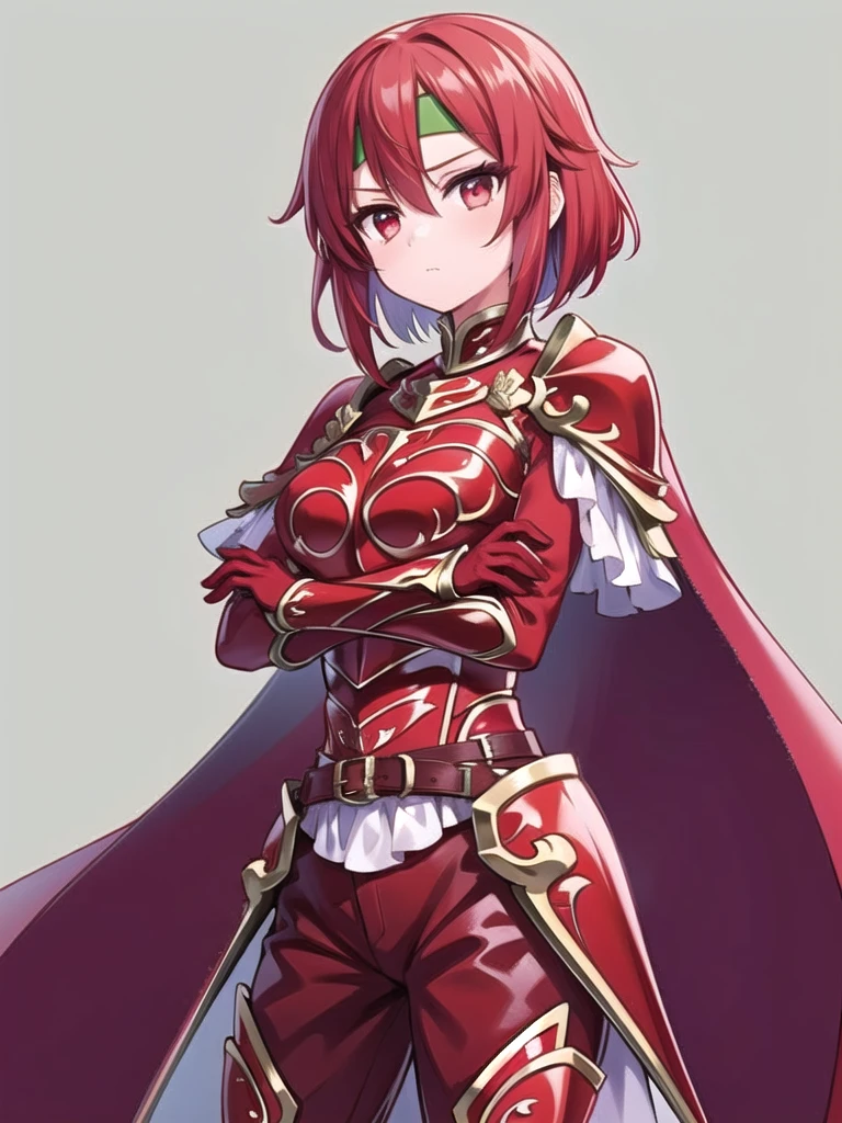 1girl, solo, masterpiece, best quality, good hands, crossed arms, minerva, red armor, green headband, cape, red gloves, belt, brown pants, armored boots, red hair, red eyes, short hair, long sleeves, cowboy shot, breastplate