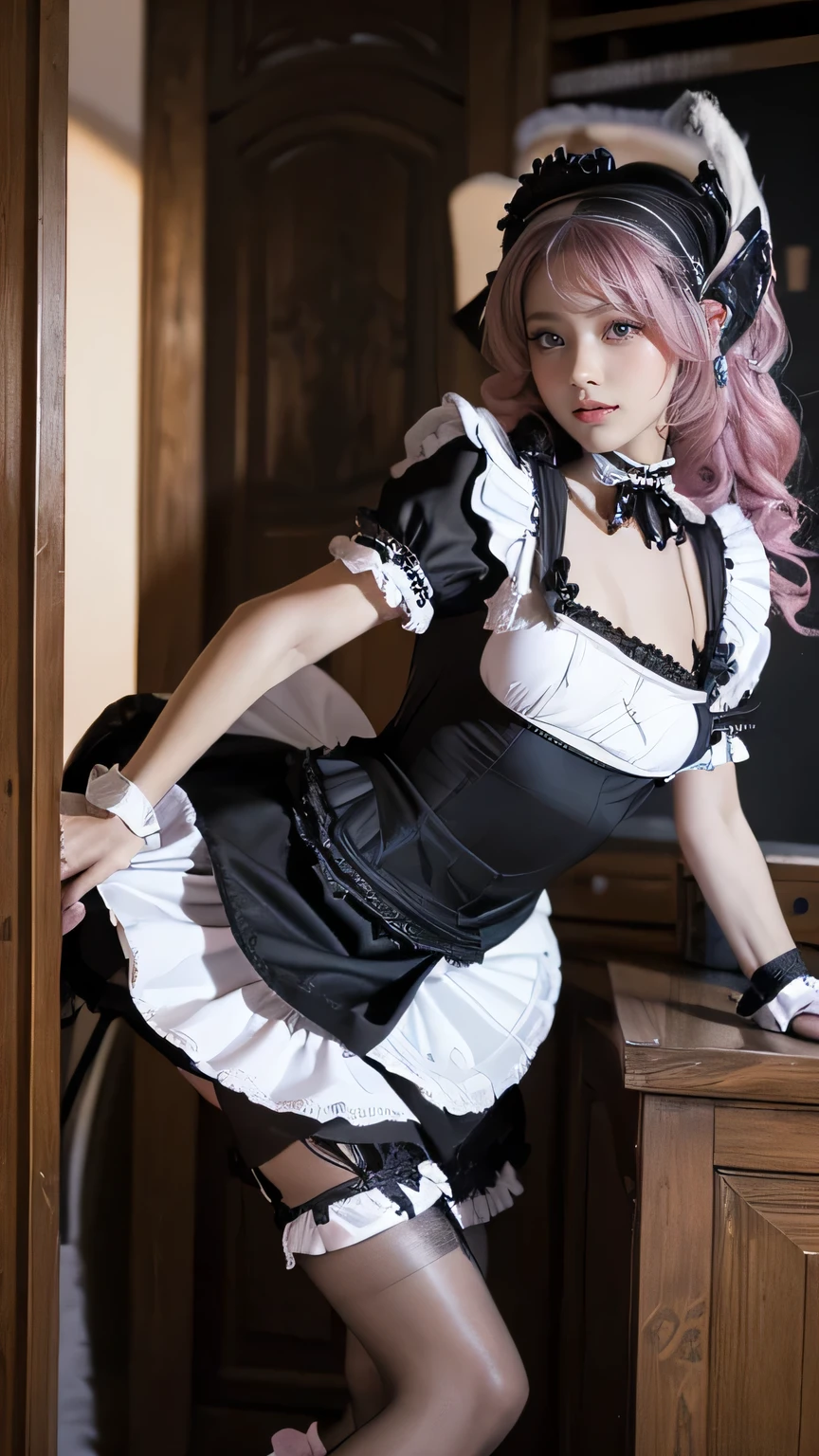 Masterpiece, highest quality, High resolution, One girl, Hayasaka ai, alone, Blonde, Maid, blue eyes, Side Ponytail, Hair Scrunchie, hair ornaments, Blue Scrunchie, Maid headdress, apron, Hair between the eyes, chest, Long sleeve, bangs, White shirt, Black Dress, Side Lock, Maid apron, Black Pantyhose,  Cowboy Shot,  