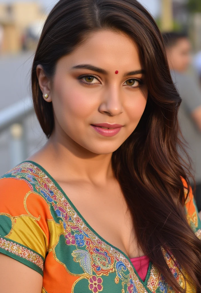 (RAW photo, natural lighting) Indian woman wearing colorful saree blouse, 28 years old, (chubby cheeks:0.4), (curvy body:0.6), (bindi), An Indian beauty, charismatic, light Indian- skin, view the viewer, naughty sad, Indian village, (detailed facial features), hazel eyes, Full body view, outdoor, public use