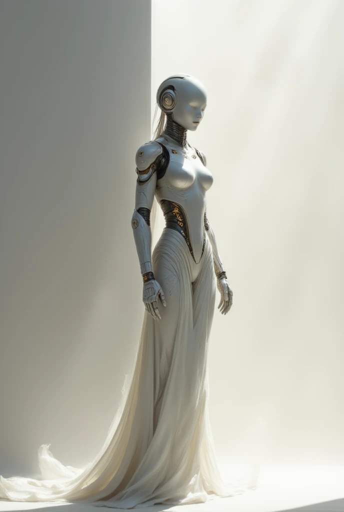 jupiter, a human-like robots are hunted by humanity, An elegant humanoid robot with a sleek, polished white exoskeleton featuring intricate, organic engravings and subtle golden accents. The head is a smooth, featureless dome with no discernible facial features, seamlessly integrated with the body. Exposed mechanical components, including delicate wiring and intricate servos, are visible in places, blending futuristic precision with an organic, artistic design. Minimalist sci-fi art with a monochromatic or muted color palette, featuring sleek robotic or humanoid forms. Emphasis on clean, uncluttered compositions with dramatic lighting, soft glows, and high-contrast shadows. Explores themes of duality, identity, and transcendence, blending futuristic aesthetics with ethereal elegance.