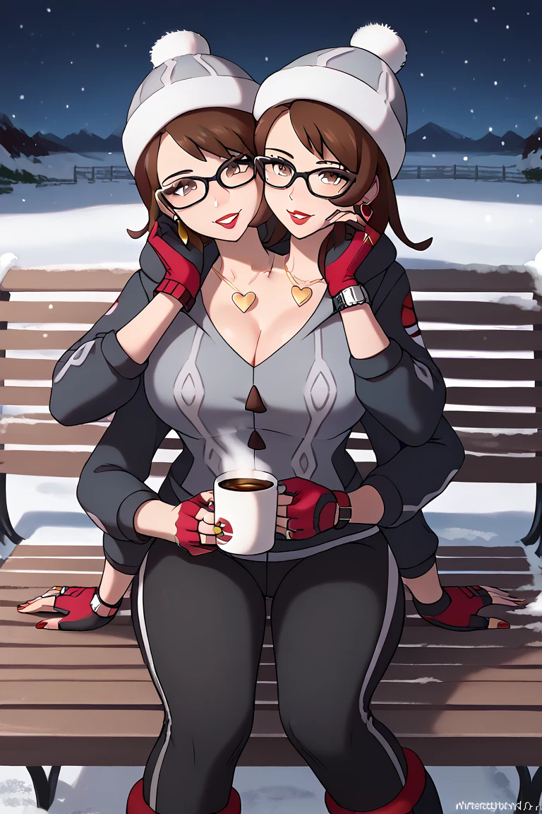 high resolution, highly detailed, perfect lighting, beautiful detailed eyes, ((masterpiece,best quality)), absurdres,      smile,  solo,  gloria (pokemon),  two heads, long hair, brown eyes, glasses, milf, black winter jacket, black puffy jacket, snow on ground, hoodie, jewelry, heart shaped necklace, black track pants, knitted winter hat, big breasts, earrings, wedding ring, noon, sitting on park bench, cheek rub, fancy wristwatch, silver eyeliner, red lips, red fingernails, 4 arms, winter gloves playing with hair, three breasted, red winter boots, sexy walk, talking with herself, holding coffee, kiss on cheek