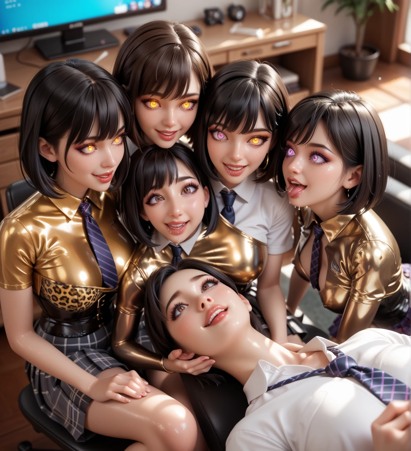 4 girls,   In extremely tight , shiny ,  golden latex polo shirt , bob cut,   black hair , Lens reflection,   reflecting light  ,   high resolution ,   masterpiece,   are in the apartment sitting at the TV, startled,  Glowing eyes , smile, saliva, salivafluss, salivaspur, very strong makeup,   very strong shiny skin  , corset, necktie,  
 pleated skirt , Leopard print, from above, kiss