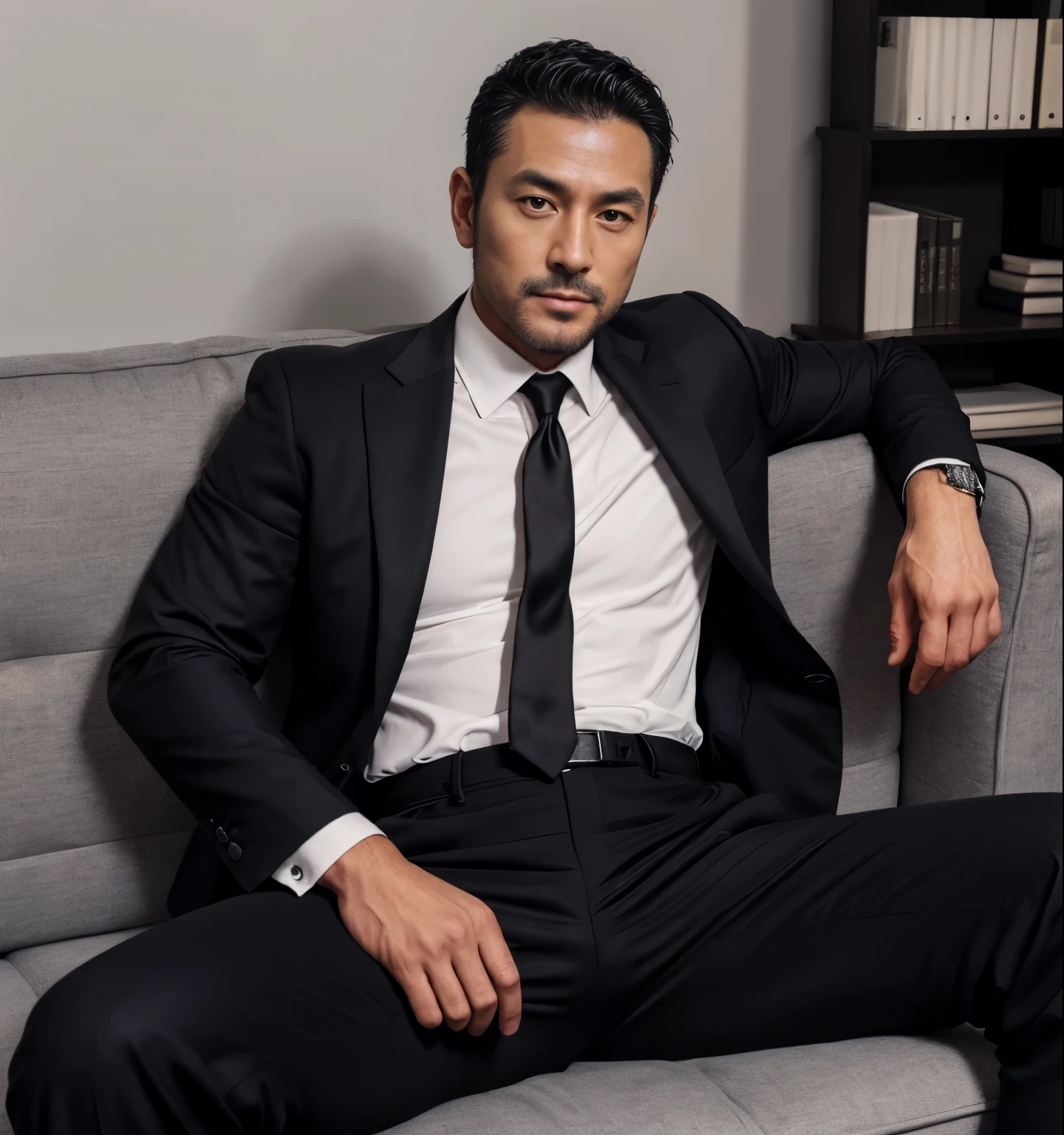 50 years old,One Man,Grey suit,mafia、Bedroom,legs wide open,Boss sitting、The crotch area of the pants is bulging,logic,Gay ,Very short slicked back hair,Stubble,Asian Faces,Dad。chest hair。Scream。