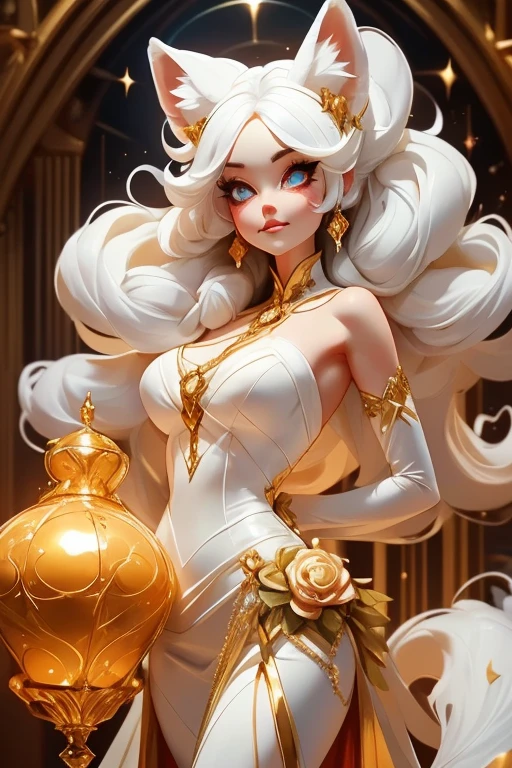 Perfect face. Perfect hands. A white haired woman with copper eyes and an hourglass figure with white fox ears and a white fox tail in a golden ballgown is smiling while spinning in a Gothic ballroom