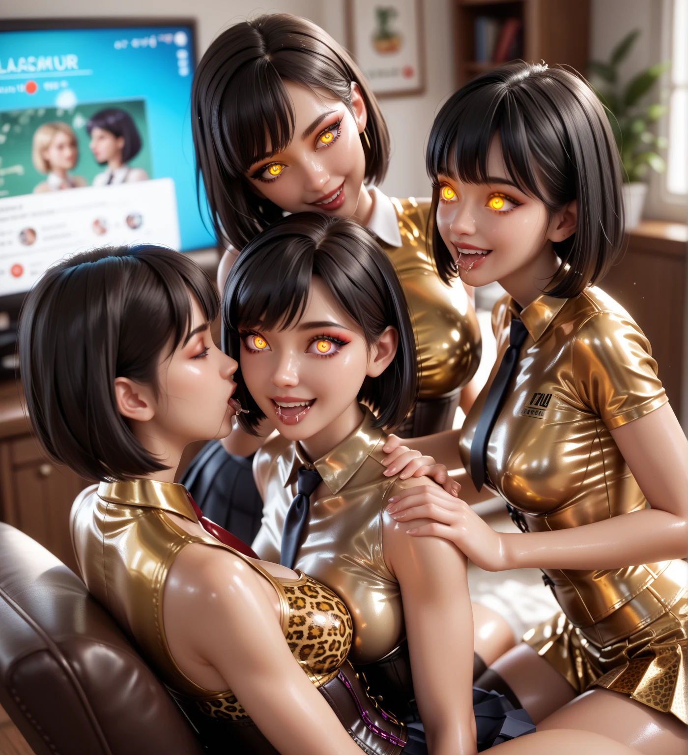 4 girls,   In extremely tight , shiny ,  golden latex polo shirt , bob cut,   black hair , Lens reflection,   reflecting light  ,   high resolution ,   masterpiece,   are in the apartment sitting at the TV, startled,  Glowing eyes , smile, saliva, salivafluss, salivaspur, very strong makeup,   very strong shiny skin  , corset, necktie,  
 pleated skirt , Leopard print, from above, kiss