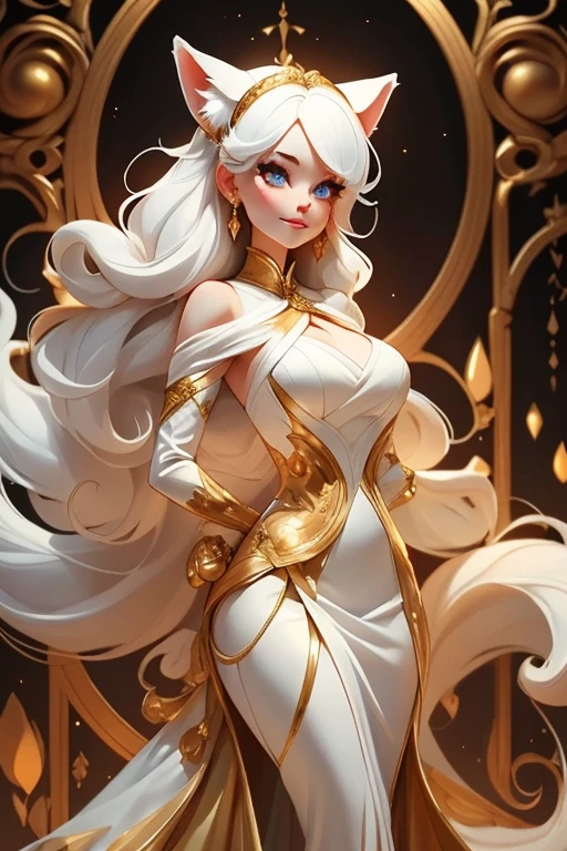 Perfect face. Perfect hands. A white haired woman with copper eyes and an hourglass figure with white fox ears and a white fox tail in a golden ballgown is smiling while spinning in a Gothic ballroom