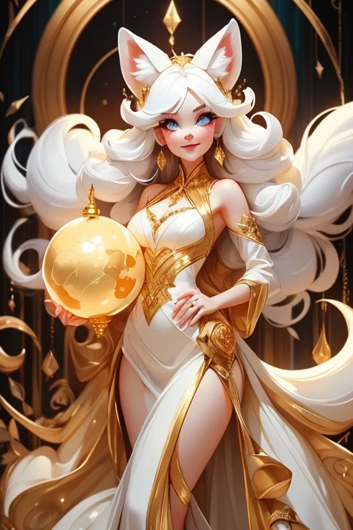 Perfect face. Perfect hands. A white haired woman with copper eyes and an hourglass figure with white fox ears and a white fox tail in a golden ballgown is smiling while spinning in a Gothic ballroom