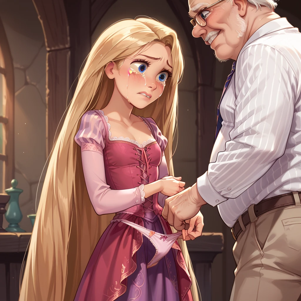 1  ,rapunzel, skinny, beautiful,  Blue Eyes, (( red dress)), nervous,  crying, Old man grabs her ass under her skirt, Girl clutching panties ,