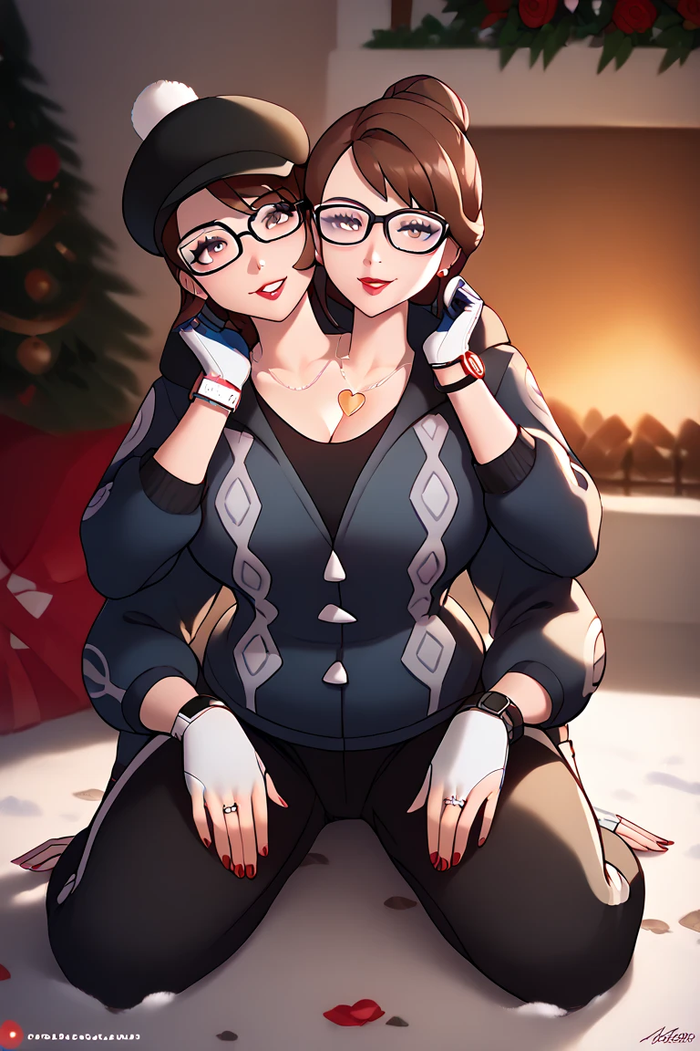 high resolution, highly detailed, perfect lighting, beautiful detailed eyes, ((masterpiece,best quality)), absurdres,      smile,  solo,  gloria (pokemon),  two heads, long hair, brown eyes, glasses, milf, black winter jacket, black puffy jacket, snow on ground, looking outside, hoodie, jewelry, heart shaped necklace, black track pants, black baseball hat, big breasts, earrings, wedding ring, noon, sitting in living room, fireplace on, cheek rub, fancy wristwatch, silver eyeliner, red lips, red fingernails, 4 arms, winter gloves playing with hair, three breasted, red winter boots, kissing on cheek