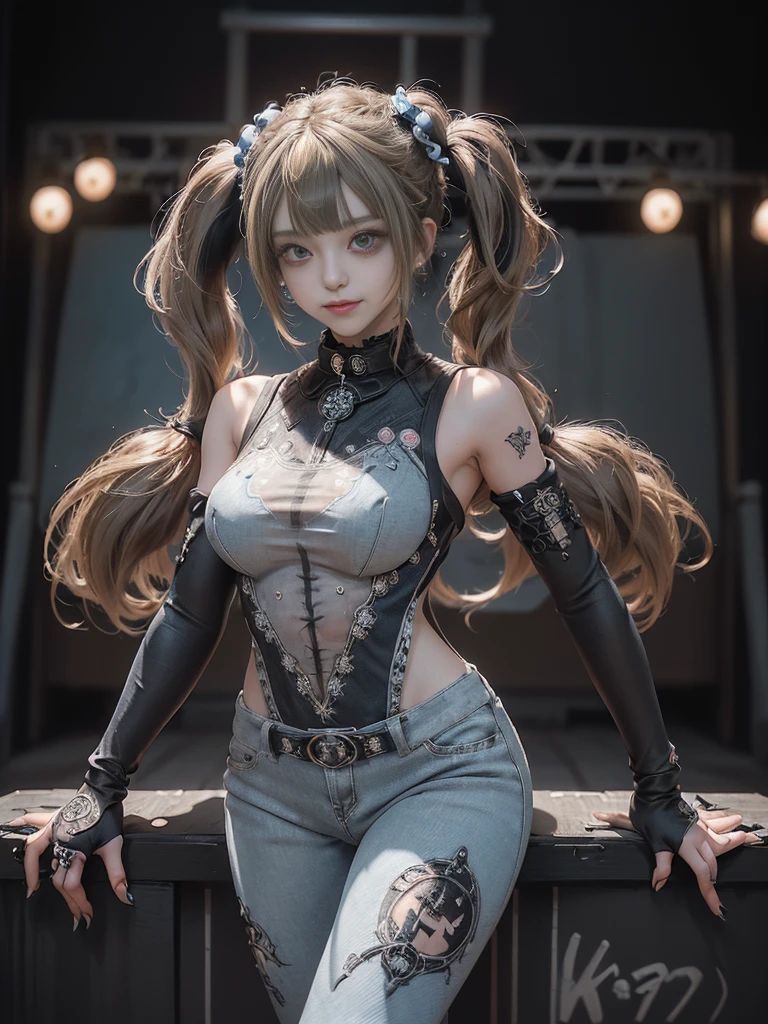 (Full Body View:1.2)、(Crouching:1.3)、(Smiling with teeth showing:1.3),(Shibuya Gal:1.5)、(Gothic Lolita style fashion:1.5)、(Punk RockVisual Kei:1.5)、(Wearing a rhythmic gymnastics bodysuit with intricate details:1.4)、(Racing suit and pants with delicate decorations in white, denim and charcoal:1.5)、(Denim and light blue and white boots:1.3)、((belt))、(Numerous delicate logo marks all over the costume:1.4)、(collar:1.3)、(Striped underwear:1.5)、20-year-old、NSFW、((Highest quality、In 8K、masterpiece:1.3))、Sharp focus:1.2、(Layered Cut、Huge boobs:1.1),Beautiful woman with perfect figure:1.4、(Doing an aerobics pose:1.3)、Slender Abs:1.2、Highly detailed face and skin texture、Detailed eyes、double eyelid,(Twin tails:1.3)、(Brown-golden hair:1.3)、Gravure idol、(The background is a beautiful crystal underground palace:1.3)、(Slim Body:1.3),(Make your legs thinner:1.4),(Thin thighs:1.1)、(clavicle:1.1)