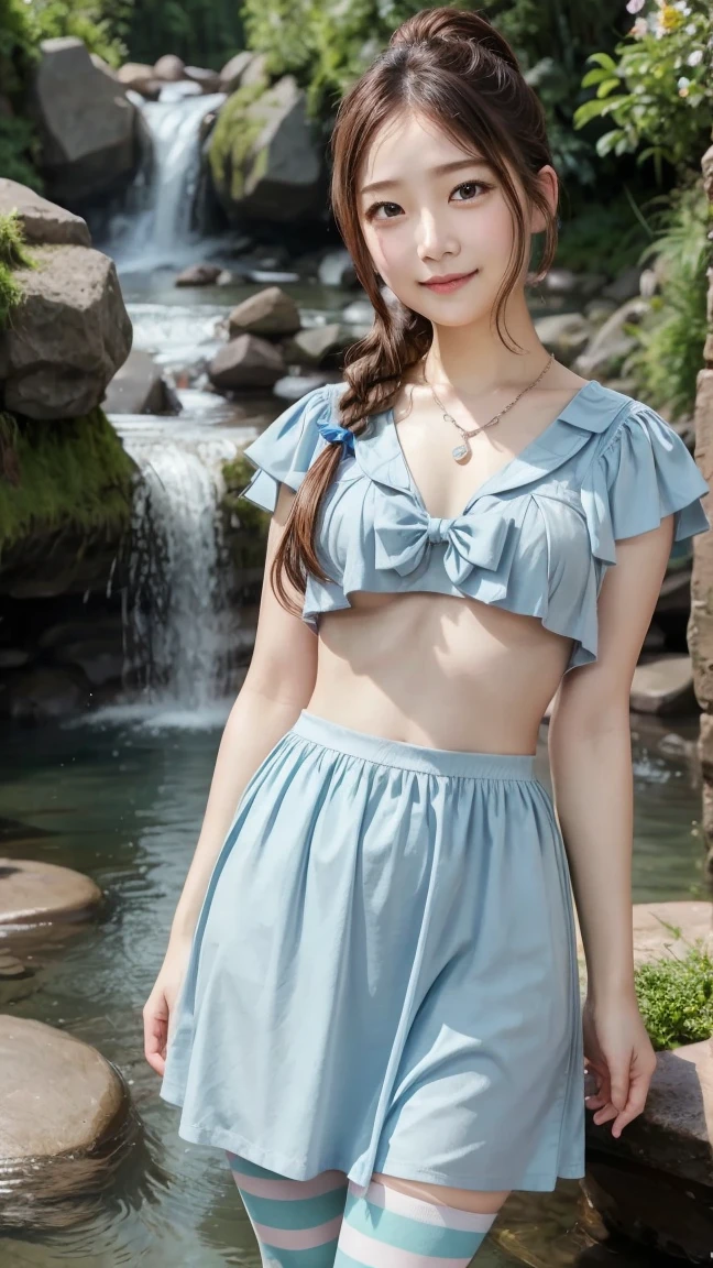 (High resolution:1.5),Very detailed,Highest quality,One Girl,Japanese women, smile, Voluptuous bust,Perfect body, Full body photo, Off-the-shoulder ruffled swimsuit,Belly button peek,The cleavage is visible,Mini skirt frilly swimsuit,Soaked from head to toe in the downpour,Water droplets all over the body,My swimsuit is wet and sticking to my body