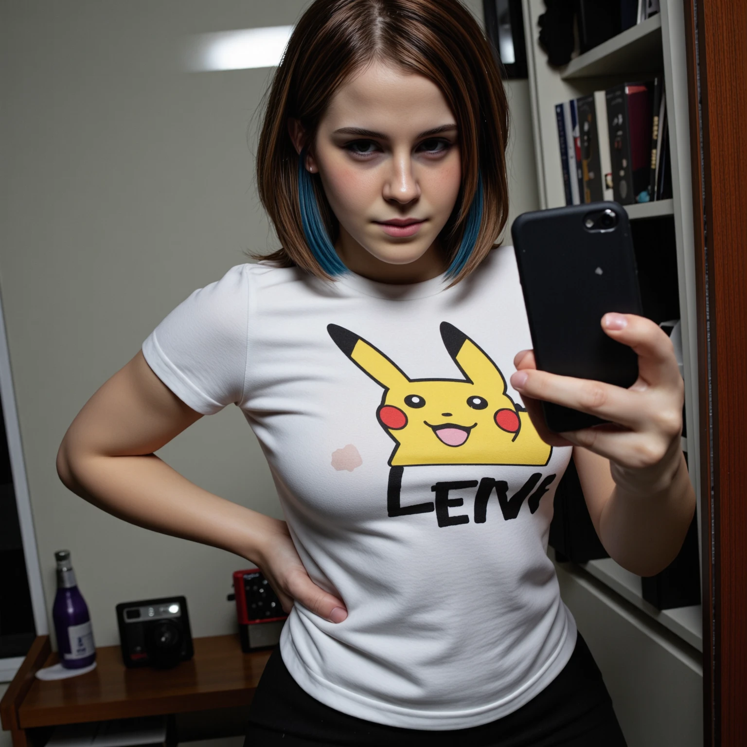 amateurish photo, s3lfi3, low lighting, overexposed, eerie atmosphere, smeared background, extremely busty emo emma watson, 20yo, curvy, close-up, pikachu t-shirt, (graphic t-shirt with stretched graphic, tight t-shirt), photorealistic, low-angle selfie photograph, natural complexion, dark brown eyes, blonde emo hairstyle with blue streaks, heavy eyeliner, Messy room, Mirror selfie, holding cellphone