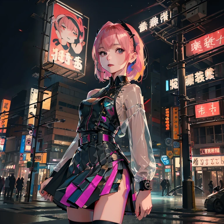 (( top quality )), ((傑 top quality 、masterpiece、High sensitivity、       high definition      、    detailed description    、 delicate face )),   Slender Woman、Glass、   new year、  miniskirt on the back sign 、    cyberpunk、on clothes（myo）  characters、 Hair Color: Pink 、 skateboard 。