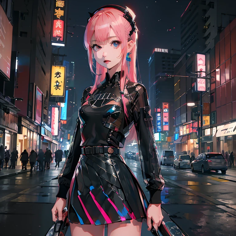 (( top quality )), ((傑 top quality 、masterpiece、High sensitivity、       high definition      、    detailed description    、 delicate face )),   Slender Woman、Glass、   new year、  miniskirt on the back sign 、    cyberpunk、on clothes（myo）  characters、 Hair Color: Pink 、 skateboard 。