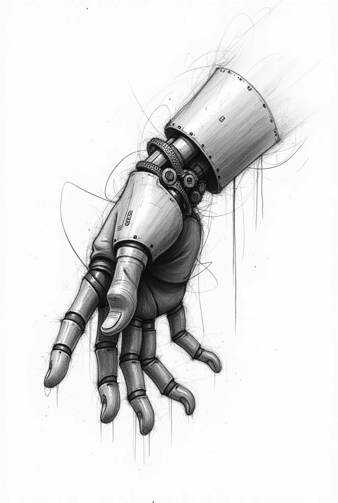 Rough pencil sketch of a mechanical hand, close-up view with messy and chaotic linework, emphasizing a raw and unpolished artistic style, bold strokes and overlapping lines, gears and joints visible with intricate mechanical details, minimal shading, clean white background, an expressive study of machinery with a spontaneous and dynamic sketch style