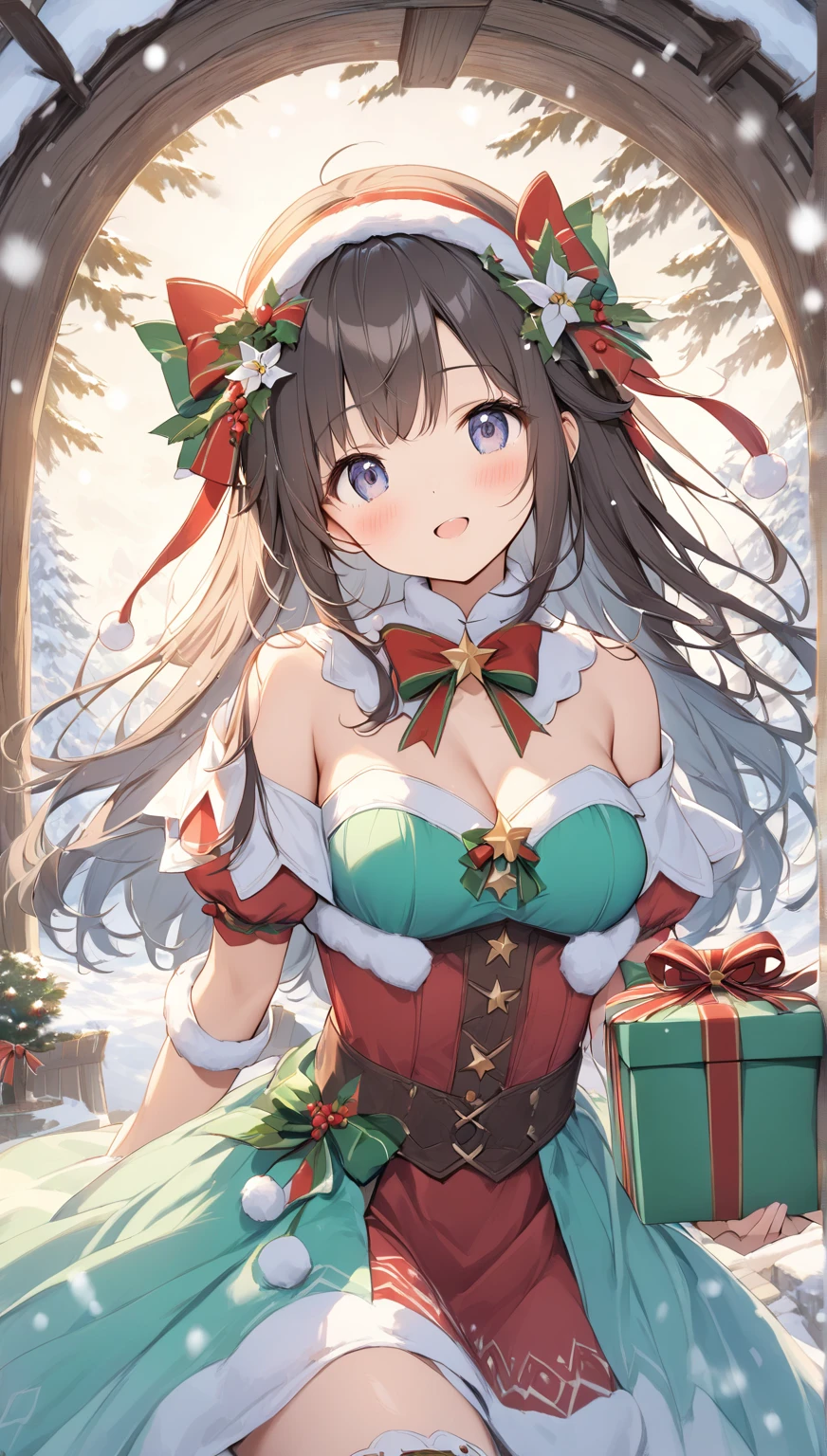 gorgeous lips, cinematic, (masterpiece), (best quality), (ultra-detailed), very aesthetic, illustration, perfect composition, intricate details, absurdres, detailed face, (anime, masterpiece, intricate:1.3), (best quality, hires textures, high detail:1.2), brown eyes,
1girl, brown skin, tan skin, very long black hair, wavy hair, medium breasts, perfect eyes, 8k, highest quality, ultra details,1girl, solo,
Green (sleeveless:1.1) christmas elf dress with white fur trim, back ribbon, green christmas hair bow, black belt with a gold buckle, black knee high boots, White thigh high socks, gold bell bracelet, ribbon necklace, crowded christmas themed party, standing,curtsy, falling glitter, falling snow,
cinematic lighting, hair blowing in the wind, dress blowing in wind, blush, smile, starry eyes, happy, falling snowflakes ,snow covers the entire ground,beautiful christmas village, christmas lights, starry sky, night time, soft lighting, (dynamic shot:1.4), photoshoot, cowboy shot,