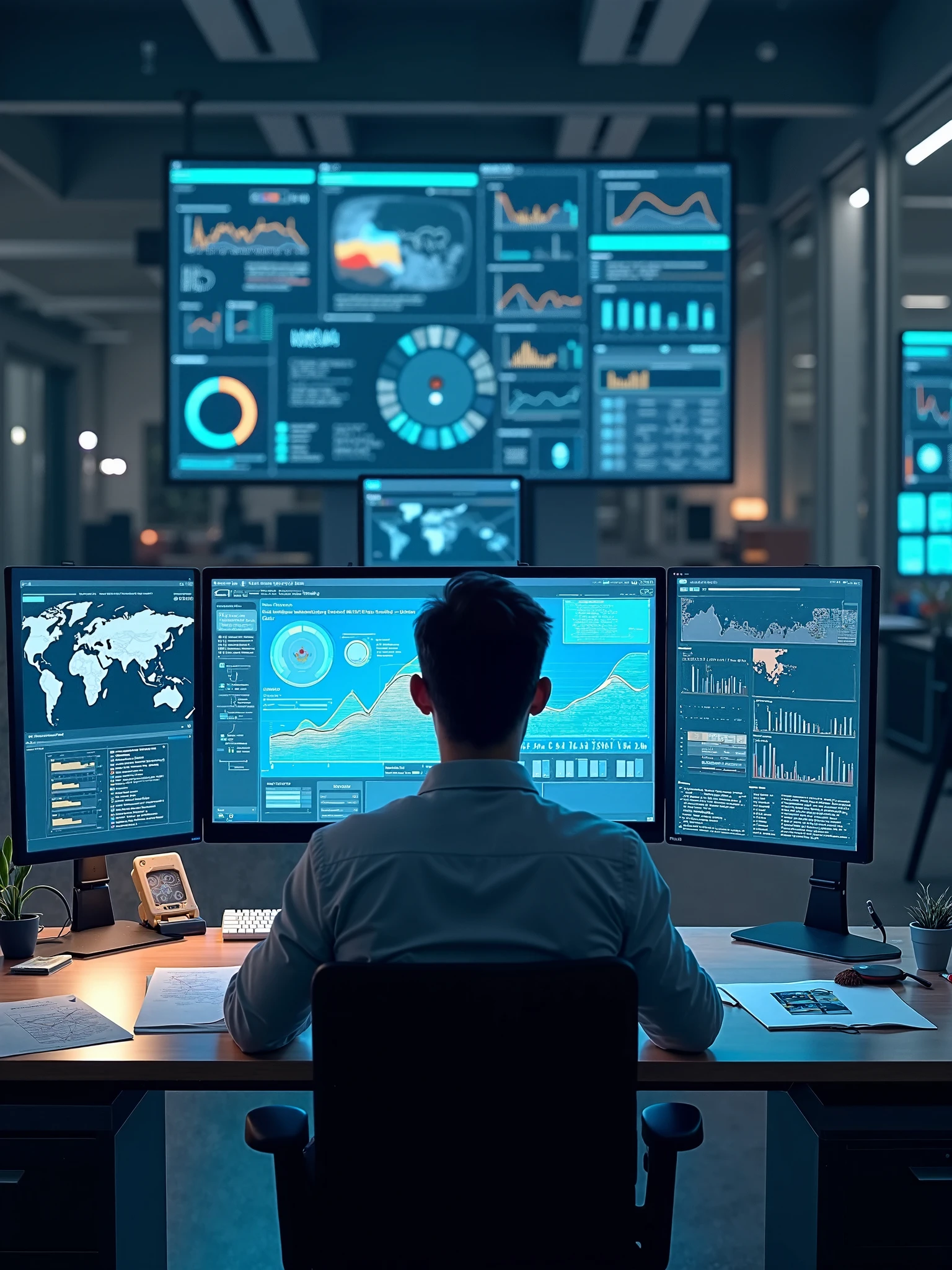An analyst uses a computer and dashboard for data business analysis and Data Management System, Customers database, gather information to report. Data science technology and digital marketing