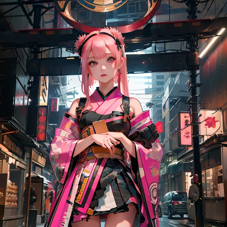 (( top quality )), ((傑 top quality 、masterpiece、High sensitivity、       high definition      、    detailed description    、 delicate face )),   Slender Woman、Glass、  New Year、    miniskirt、Mayonnaise sign on background 、    cyberpunk、 Hair color:  pink 、On the chest（myo）  characters、kimono、
