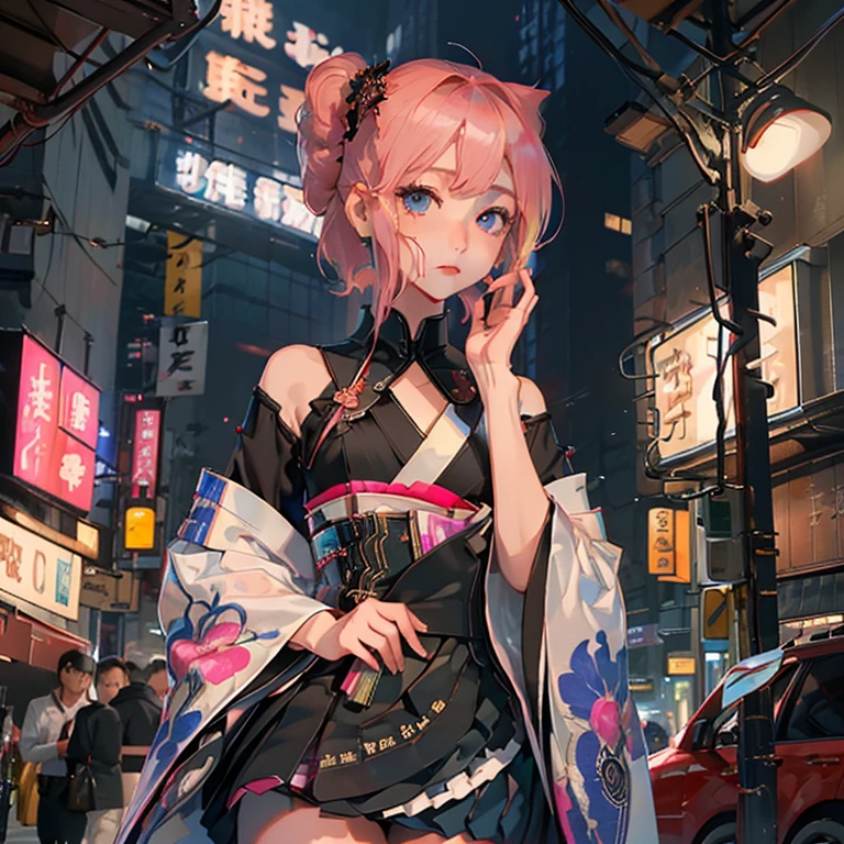 (( top quality )), ((傑 top quality 、masterpiece、High sensitivity、       high definition      、    detailed description    、 delicate face )),   Slender Woman、Glass、  New Year、    miniskirt、Mayonnaise sign on background 、    cyberpunk、 Hair color:  pink 、On the chest（myo）  characters、kimono、
